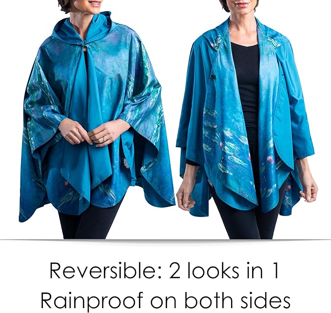 RainCaper Monet Water Lilies Womens Rain Cape Poncho with Hood Reversible