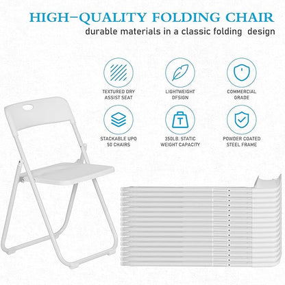 50 Pack White Plastic Folding Chairs, Indoor Outdoor Portable Stackable Commercial Seats with Steel Frame for Home Office Wedding Party Events Kitchen Dining, 350lb Capacity