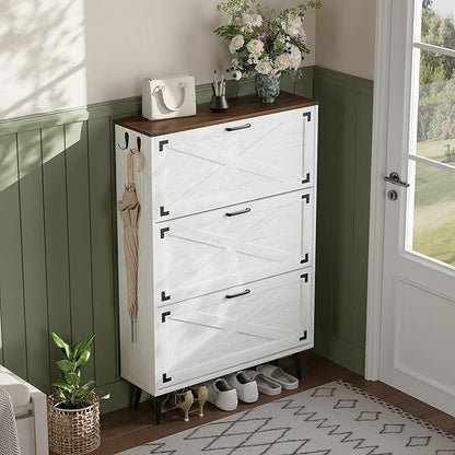 Shoe Organizer Cabinet Narrow with 3 Flip Drawers Shoe Rack Cabinet Hidden Slim Freestanding Shoe Storage Cabinet 24 Shoes for Entryway,Living Room, White Walnut