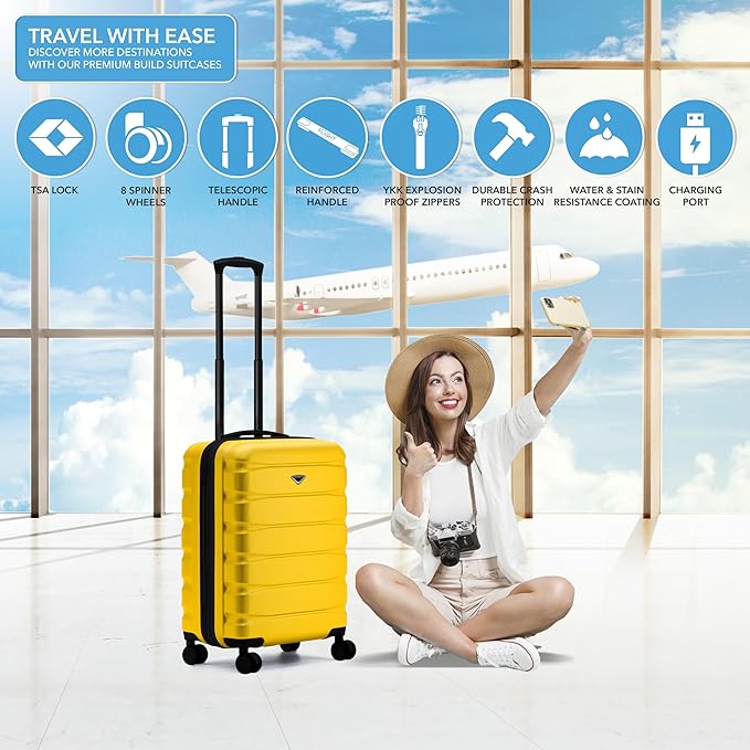 Flight Knight 24x16x10 Expandable Carry On Suitcase Hardside TSA Lock USB C Lightweight Luggage Silent Double Spinner Wheels Maximum Overhead Carry-On Bag For Virgin & South West Approved Airlines