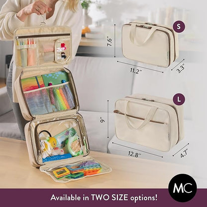 Kids Travel Organizer – Multi-Compartment, Water-Resistant Hanging Bag for Toys, Snacks, & Activities - Compact, Lightweight Design with Hook & Carry Handle - Perfect for Travel Use (Beige, Large)
