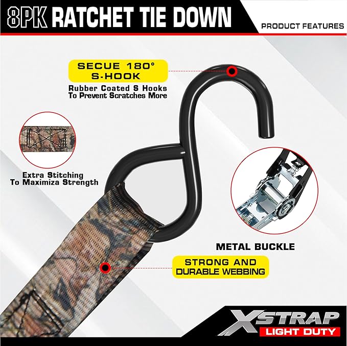 XSTRAP STANDARD Ratchet Tie Down Straps - 8PK - 1'' x 10 ft - 900 LB Break Strength Cargo Straps for Moving Appliances, Lawn Equipment, Motorcycle (Camouflage2)