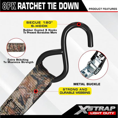 XSTRAP STANDARD Ratchet Tie Down Straps - 8PK - 1'' x 10 ft - 900 LB Break Strength Cargo Straps for Moving Appliances, Lawn Equipment, Motorcycle (Camouflage2)