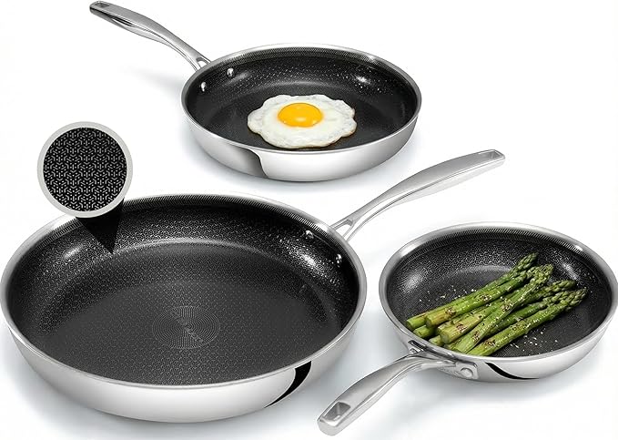Hybrid 3pc Stainless Steel Non Stick Frying Pans Set, 8,10,12 inch Ceramic Frying Pan Skillet Set, Induction Ready, Made without PFAS & PFOA, Oven and Dishwasher Safe - Black