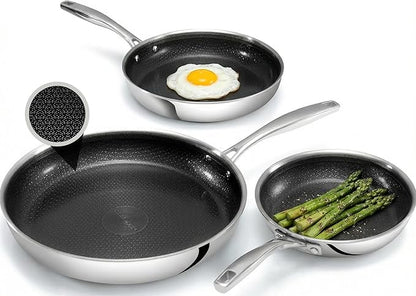 Hybrid 3pc Stainless Steel Non Stick Frying Pans Set, 8,10,12 inch Ceramic Frying Pan Skillet Set, Induction Ready, Made without PFAS & PFOA, Oven and Dishwasher Safe - Black