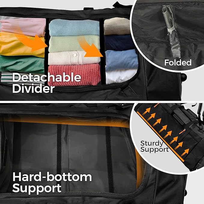 Rolling Duffel Bag with 3 Wheels, 110L-120L Expandable Foldable Travel Duffel, 28" No-Sag Design Waterproof Carry On Luggage, Lightweight Weekender Bag for Men Women, Camping/Cargo/Air Travel