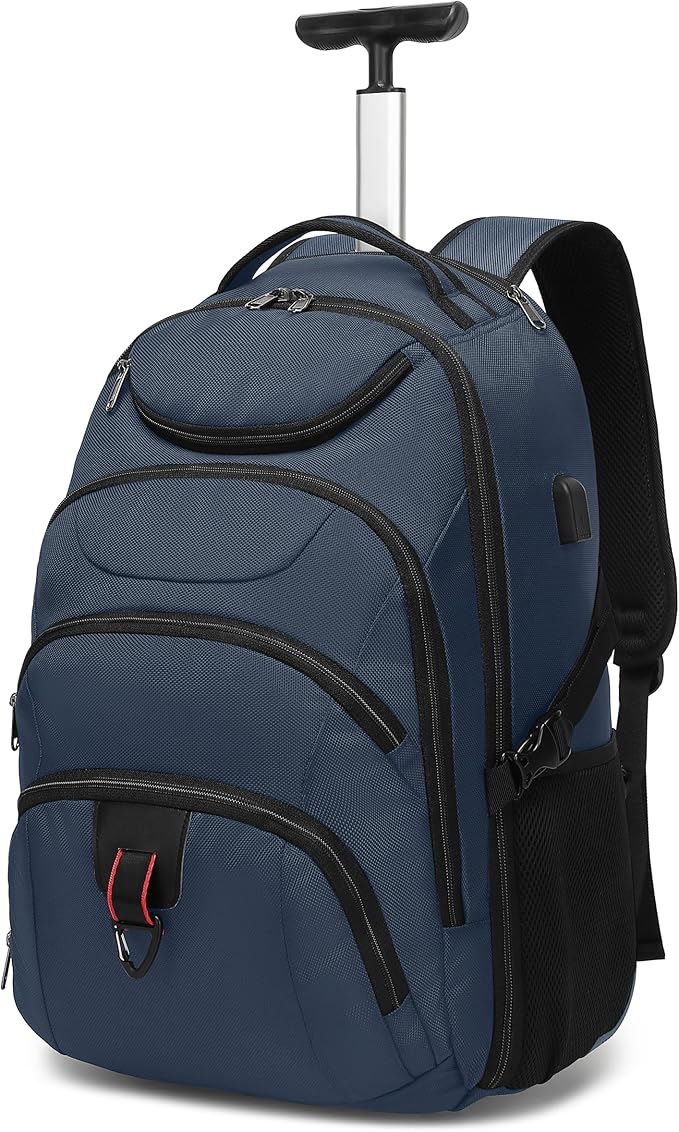 Boavan Rolling Backpack,17 inch Water Resistant Wheeled Backpack,Carry on Luggage Business Bag, Overnight College Computer bag Trolley Suitcase for Men Women Adults to Travel，Black