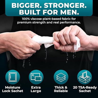 Travel Body Wipes for Men - 20 XL Shower Wipes for Adults Bathing No Rinse - Individually Wrapped 10”x10” Disposable Washcloths, Face Towels, Gym Mens Deodorant Sheets, Camping Essentials & Must Haves