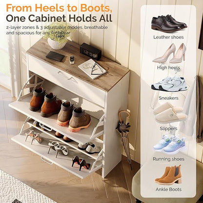 VINGLI Shoe Cabinet Storage for Entryway Ultra Slim with 2 Flip &1Drop-Down Drawers, 24.8" W Narrow Shoe Cabinet for Front Door Entrance,Freestanding Rustic White Wood Shoes Organizer for Hallway