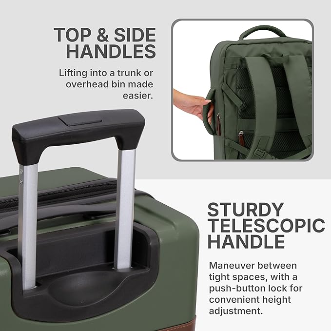 U.S. Traveler Vista Way 3-Piece Travel Set, 21-Inch Carry-on Hardside with TSA Lock, 18-Inch Travel Backpack with Laptop Sleeve, Toiletry Bag, Green