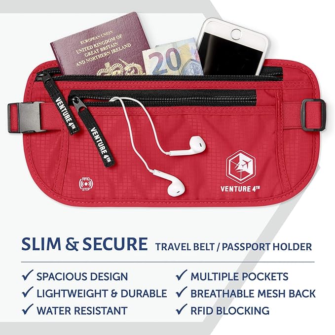 VENTURE 4TH Money Belt for Travel – Hidden Under-Clothes RFID Blocking Passport Holder & Slim Travel Wallet Pouch for Men & Women to Protect Cash, Cards & Documents (Red)