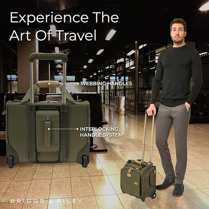 Briggs & Riley 2-Wheel Cabin Bag - Carry On Luggage for Travel, Suitcases with Wheels, Softside Rolling Bag for Men & Women, Interlocking Handle, Self-Repairing Zipper - Baseline Collection, Olive