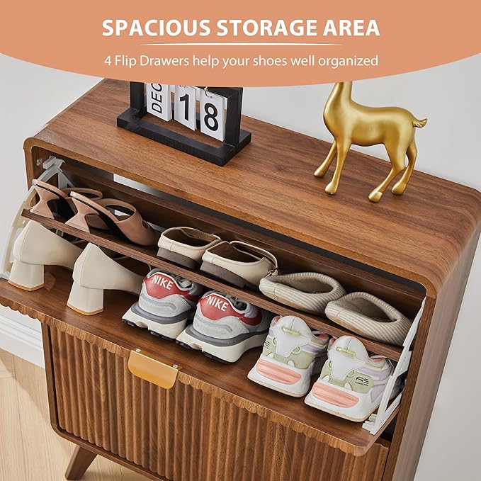 RARZOE Set of 2 Fluted Shoe Storage Cabinets for Entryway, Narrow Curved Shoe Cabinet with 2 Flip Drawers, Freestanding Wood Hidden Shoe Organizer Closed Shoe Rack Cabinet for Foyer,Hallway (Walnut)