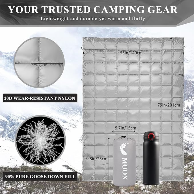 MOOX Down Camping Blanket Packable Backpacking Camping Quilt Outdoor Lightweight Warm Water Resistant Puffy Sleeping Bag Travel Hiking 55"x79" Waterproof Camp Throw Blanket, Gray Blue