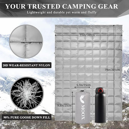 MOOX Down Camping Blanket Packable Backpacking Camping Quilt Outdoor Lightweight Warm Water Resistant Puffy Sleeping Bag Travel Hiking 55"x79" Waterproof Camp Throw Blanket, Gray Blue