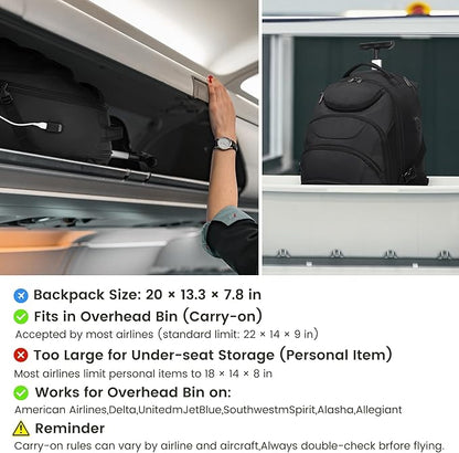 Boavan Rolling Backpack,17 inch Water Resistant Wheeled Backpack,Carry on Luggage Business Bag, Overnight College Computer Trolley Suitcase for Men Women Adults to Travel，Black