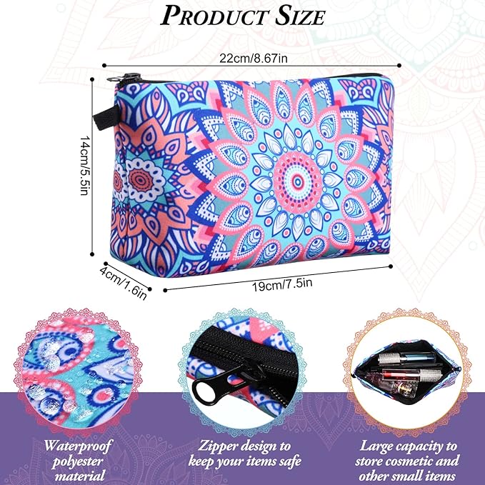 Dunzy 16 Pcs Makeup Bags Bulk Graduation Gift Cosmetic Bag Makeup with Zipper Pouch Waterproof Portable Travel Toiletry for Women Teacher Birthday Thanksgiving Christmas Gifts (Mandala)