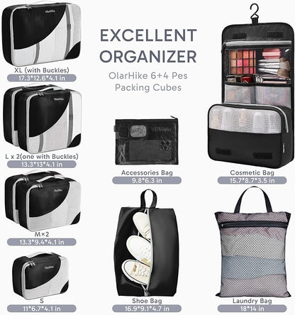 ALL INCLUDED 10 Set Durable Packing Cubes for Suitcases,OlarHike Essentials for Travel,UPGRADED Anti-Tear Stitching, NEW Improved Luggage Packing Organizers for Travel Accessories (Ink)
