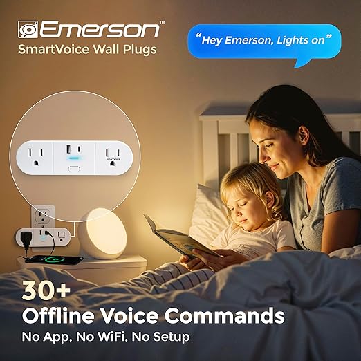 Emerson SmartVoice 4-in-1 Wall Plug, Offline 30+ Voice Control Commands, No APP, No WiFi, No Setup, Smart Outlet w/ 2 AC Outlets, USB-A & USB-C Ports, Sleep & Wake Timer, ETL