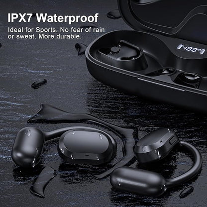 TTQ Open Ear Headphones, Open Ear Earbuds, IPX7 Waterproof, Bluetooth 5.3 True Wireless Sports Over Ear Earbuds with Earhooks, Built-in Mic, Crystal-Clear Calls for Running Workout Cycling Driving