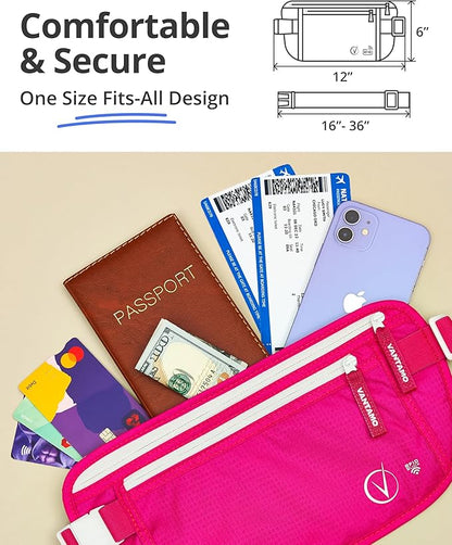 Vantamo Money Belt with RFID For Men & Women, Hidden Passport Holder for Travel, 2 Compartment Travel Fanny Pack for Women Anti Theft