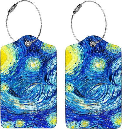 2 Pcs Luggage Tags for Suitcase, Cute Unique PU Leather Travel Bag Tag with Privacy Cover ID Label Address Card and Durable Metal Ring Suitable for Men Women Children Backpack,Starry Sky