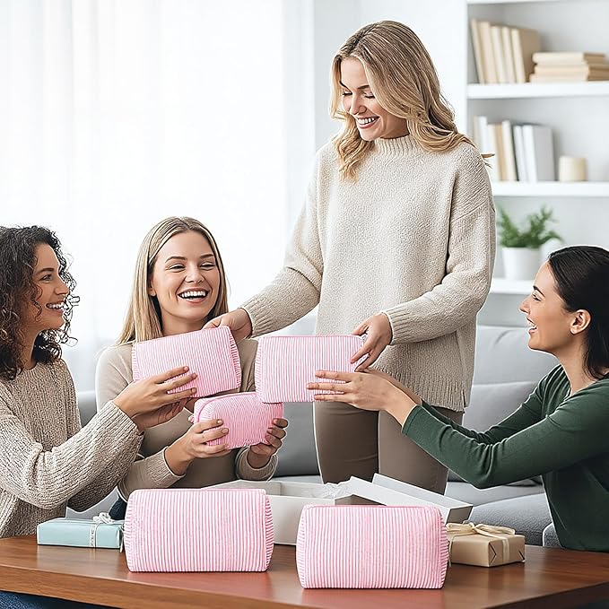 Sanwuta 6 Pcs Seersucker Cosmetic Bags Bulk Seersucker Makeup Bags Stripe Women Pouch Large Preppy Storage Pouch Toiletry Travel Organizer for Wedding Bridesmaid Bride Favor Mom Gift (Pink)