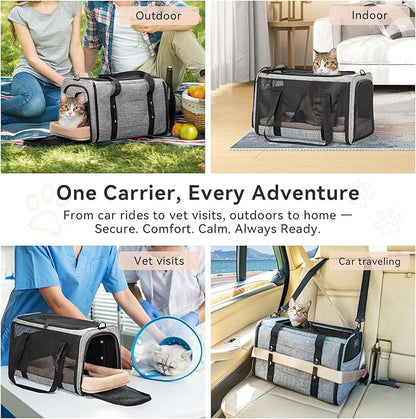 PETSFIT Cat Car Carrier for Small/Medium Cats Dogs, 18"x11"x11" Airline Approved Cat Carrier, with Patent Safety Buckles and Escape-Proof Zipper - Safeguarding Car Travel, Airplane, Vet, Outdoor