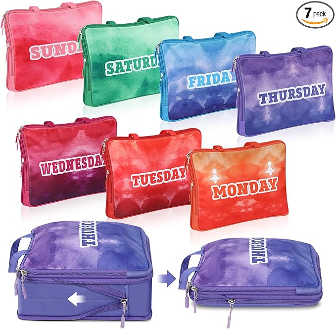 Paterr 7 Pcs Days of Week Packing Cubes Compression Packing Cubes for Kids Winter Camp Travel Daily Outfit Suitcase Organizers Zippered Storage Bag for Cruise Vacation Essentials(Multicolor)