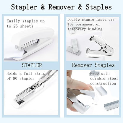 Office Desk Accessories, White Office Supplies Accessories with Tape Dispenser, Stapler, Staple Remover, 1000 Staples, Tape, Clips Set, Ruler, Scissor, Pen