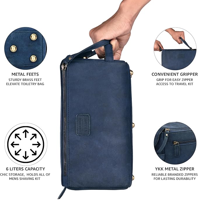 LEATHER VILLAGE Premium Leather Travel Toiletry Bag - Water-Resistant Dopp Kit for Toiletries, Large Shaving Bag & Bathroom Organizer - Gift for Men & Women - Royal Blue