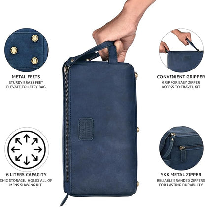 LEATHER VILLAGE Premium Leather Travel Toiletry Bag - Water-Resistant Dopp Kit for Toiletries, Large Shaving Bag & Bathroom Organizer - Gift for Men & Women - Royal Blue
