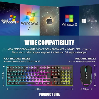 RedThunder K10 Wireless Gaming Keyboard and Mouse Combo, RGB Backlight Rechargeable 3800mAh Battery, 26-Key Anti-ghosting Keyboard + 7D 3200DPI Mice for PC Gamer