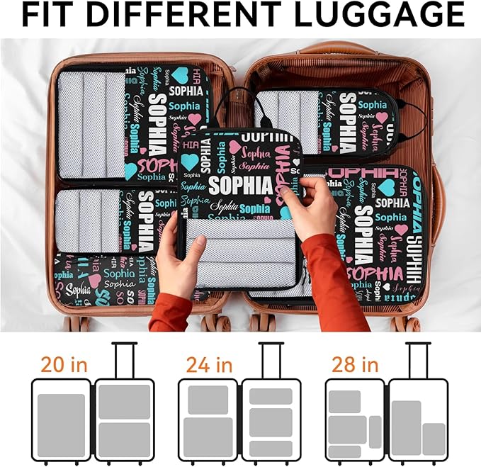 Personalized 6 Set Compression Packing Cubes for Travel Essentials with Name Customized Lightweight Carry on Expandable Luggage Organizer Bags for Women and Men, Black