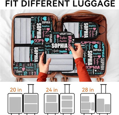 Personalized 6 Set Compression Packing Cubes for Travel Essentials with Name Customized Lightweight Carry on Expandable Luggage Organizer Bags for Women and Men, Black