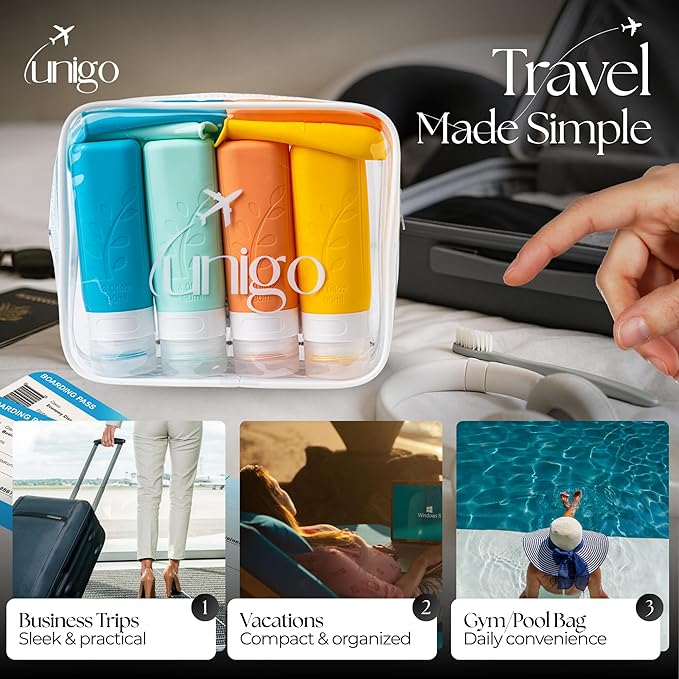 unigo Travel Bottles For Toiletries, TSA Approved Containers, Travel Size Toiletries, Shampoo and Conditioner Bottles, Leak Proof and Refillable Bottles, BPA Free, Extra Bottle Covers (Multicolor B)