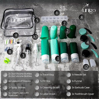 unigo 30pack Full Set TSA Approved Travel Bottles for toiletries, Travel Size Containers for Toiletries, Refillable Leakproof Shampoo and Conditioner Bottles, Toiletry Containers (Green)