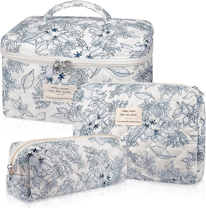 Makeup Bag Set, Quilted Floral Cosmetic Bags for Women, Cute Cotton Makeup Organizer, Travel Toiletry Bag Set (Navy Blue)