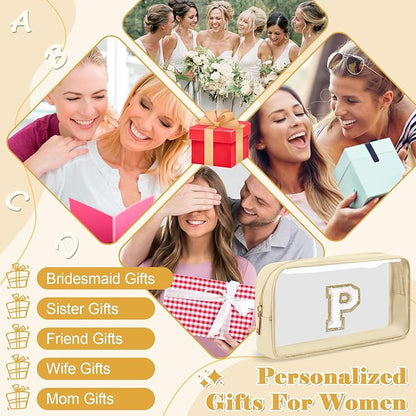 Personalized Initial Letter Clear Makeup Bag,Preppy Small Nylon&PVC Cosmetic Zipper Bag with Chenille Letter,Portable Beach Travel Skincare Toiletry Bag,Trendy Monogram Gift for Teen Girls Women,P