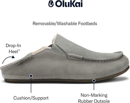 OLUKAI Moloa Slipper, Men's Premium Leather Slip-On Shoes, Soft Genuine Shearling Lining & Gel Insert, Drop-In Heel & All-Day Comfort
