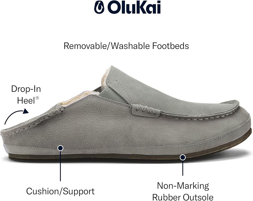OLUKAI Moloa Slipper, Men's Premium Leather Slip-On Shoes, Soft Genuine Shearling Lining & Gel Insert, Drop-In Heel & All-Day Comfort