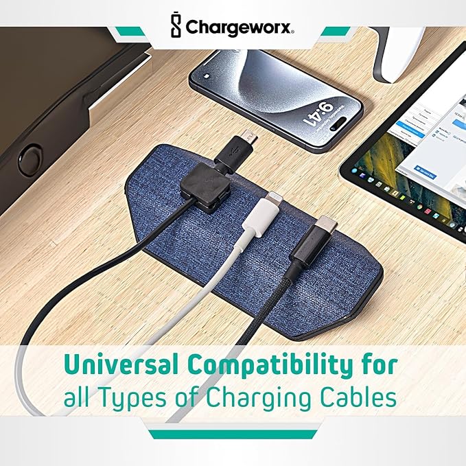 CHARGEWORX Magnetic Cable Organizer – 2 Pack- Weighted Non-Adhesive Cord Holder with 3 Magnetic Clips for USB-C, Lightning & MagSafe Cables – Desk, Office & Nightstand Cable Management