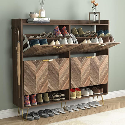 Vibe & Dine 4 Flip Drawer Shoe Cabinet, Mid Century Modern Shoe Organizer with Bottom Cubby, Hidden Shoe Cabinet with 2 Hooks, Freestanding Narrow Slim Shoe Rack Cabinet for Entryway, Foyer, Hallway