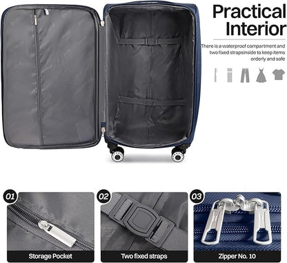 2-Piece Set Front Opening,Softside Luggage Sets w/Double Spinner Wheels Expandable Luggage,Lightweight Travel Luggage Rolling Suitcase w/LOCK（Navy-Grey,20in/28in）