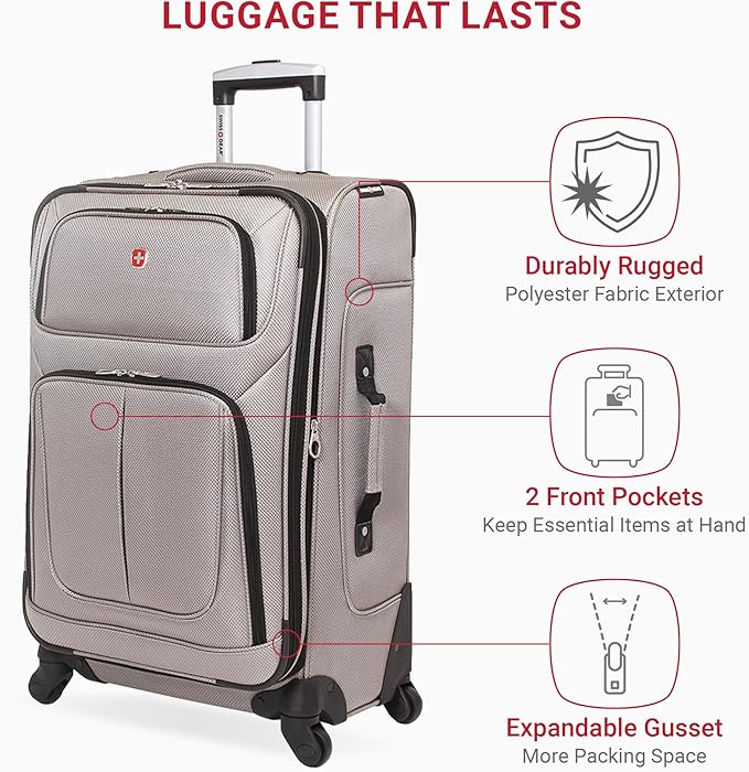SwissGear Sion Softside Expandable Luggage – Medium Checked Suitcase with 360 Degree Wheels & Retractable Handle – 25 Inch, Perfect for 1-7 Night Trips – Pewter
