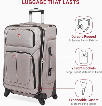 SwissGear Sion Softside Expandable Luggage – Medium Checked Suitcase with 360 Degree Wheels & Retractable Handle – 25 Inch, Perfect for 1-7 Night Trips – Pewter