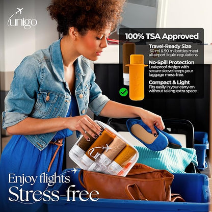 unigo 30pack Full Set TSA Approved Travel Bottles, Travel Size Containers for Toiletries, Refillable Leakproof Shampoo and Conditioner Bottles, Toiletry Containers,Extra Bottle Sleeves(Apricot)