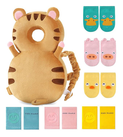 JunNeng Toddler Baby Head Protector Backpack for Toddler Walker with Knee Pads&Anti-Slip Socks, Tiger
