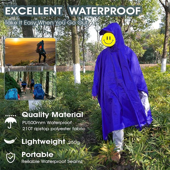 Cosmine Hooded Rain Poncho for Adult with Pocket, Waterproof Lightweight Unisex Raincoat Jacket for Hiking Camping Emergency