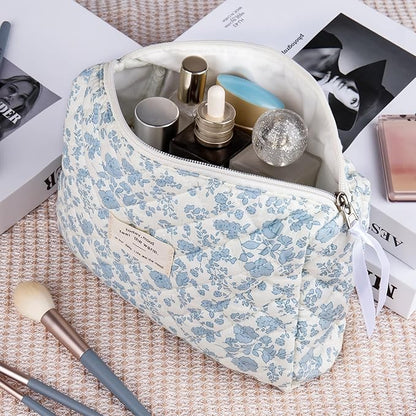 2PC Makeup Bag Set, Cute Cosmetic Bag for Women Girls, Floral Coquette Aesthetic Toiletry Bag, Travel Make Up Organizer Bag (Blue Floral)